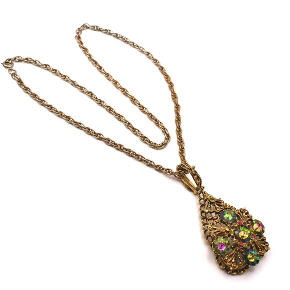 Vintage Gold Filigree Teardrop Pendant Necklace w Aurora Rhinestones – Hey Viv - Picture 6 of 7